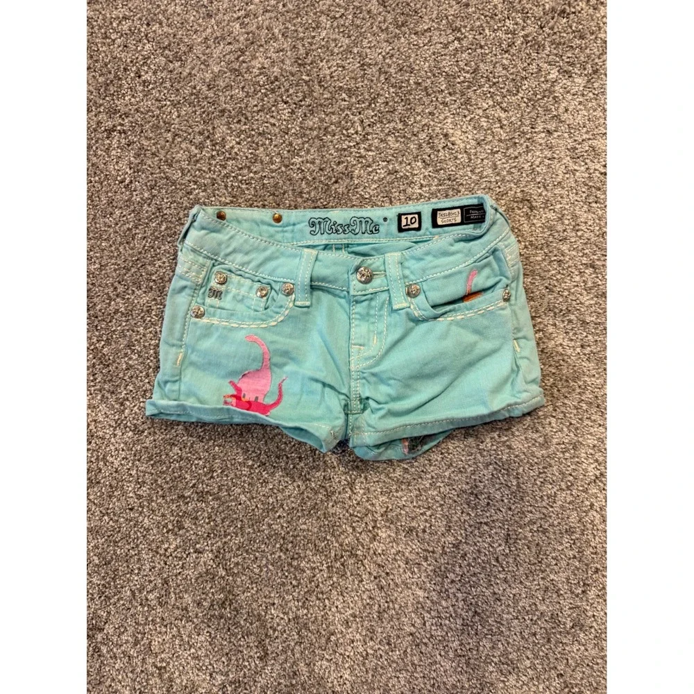 Miss Me Shorts Girls 10 Aqua JK5180H13 Dinosaur Rhinestone Embellished Denim